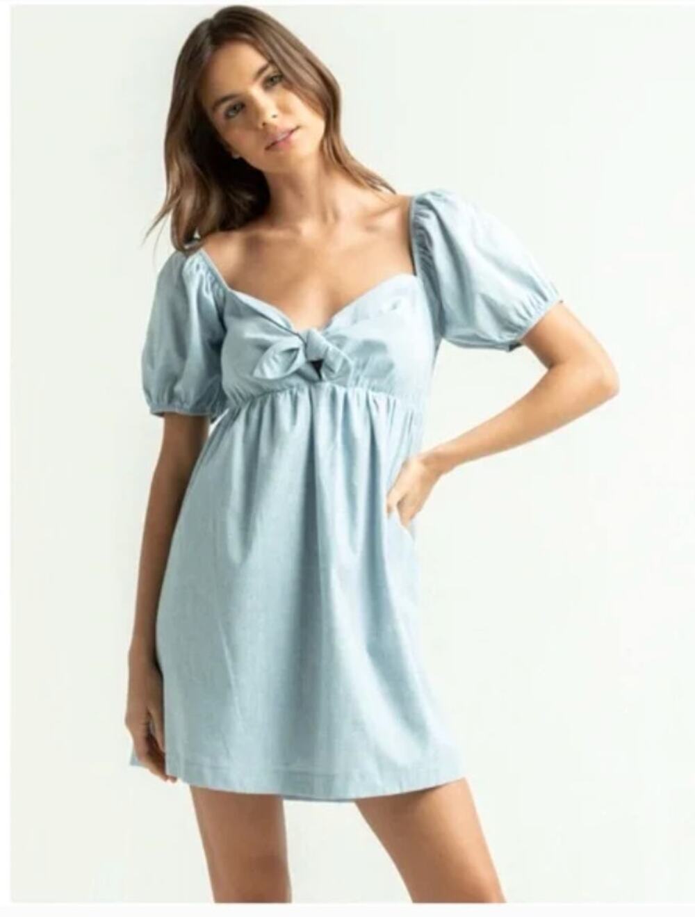 Lost + Wander Chambray Puff Sleeve Babydoll Dress Small NWT Smocked Back